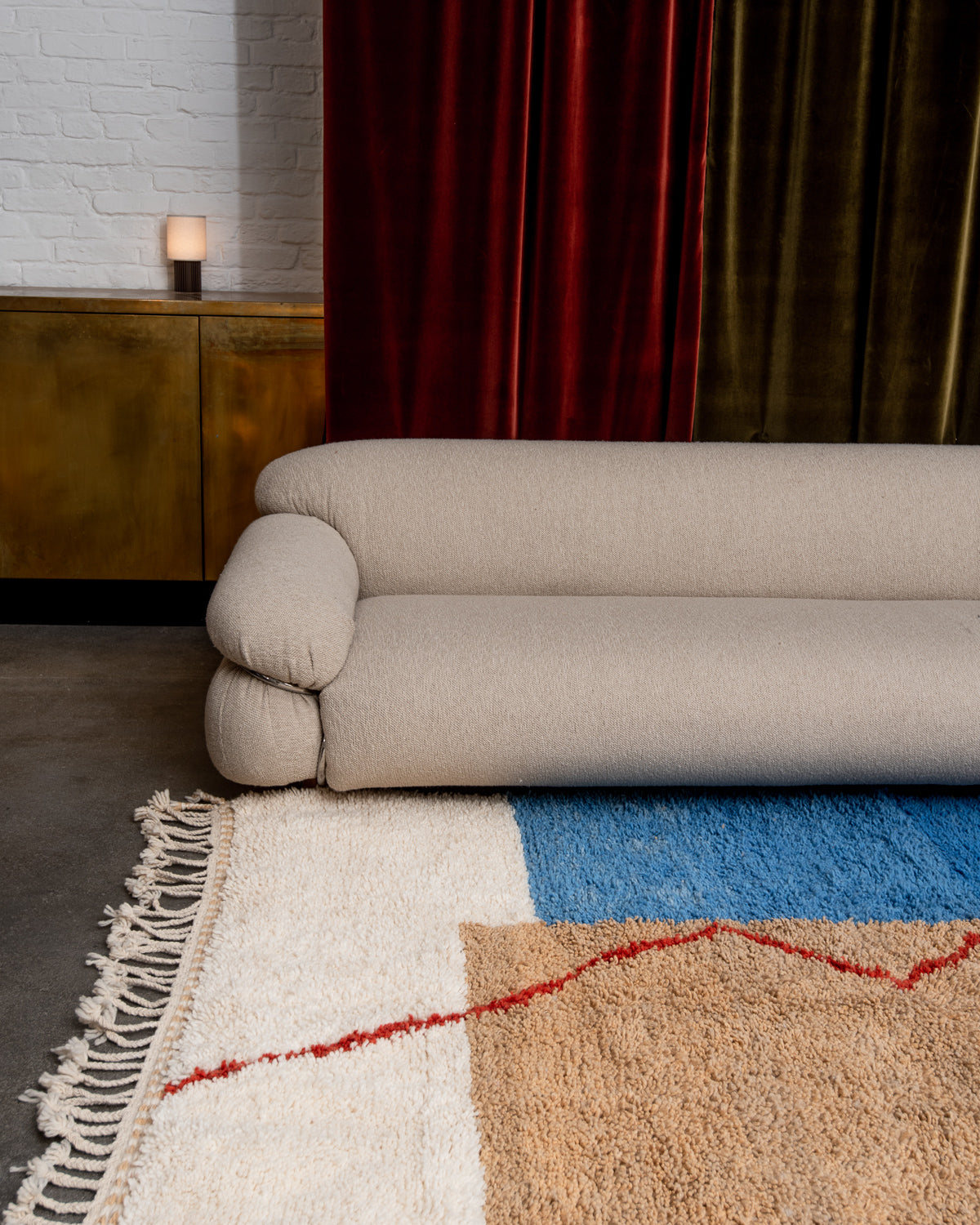 Modern, designer, handcrafted Berber rug from Morocco. Beniourain carpet with beautiful colours and patterns and fluffy wool texture.